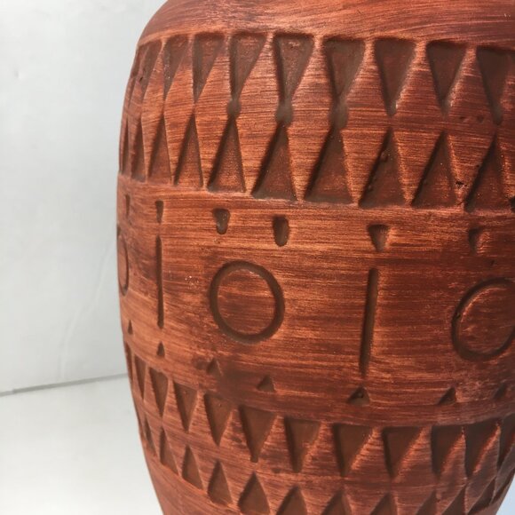 Terracotta Clay Vase Tribal Pattern Intricate Etched Designs - Picture 2 of 7